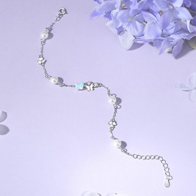 Lắc Tay Bạc Nữ đính đá CZ, Ngọc Trai Hồ điệp Navy LILI 176036 1