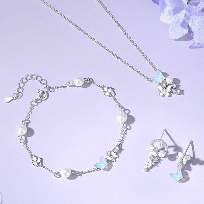Lắc Tay Bạc Nữ đính đá CZ, Ngọc Trai Hồ điệp Navy LILI 176036 3