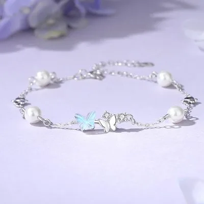 Lắc Tay Bạc Nữ đính đá CZ, Ngọc Trai Hồ điệp Navy LILI 176036 5